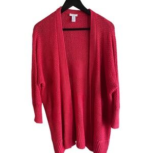 Chicos Knit cherry Red Open Front Cardigan Sweater Size XL Winter career Holiday